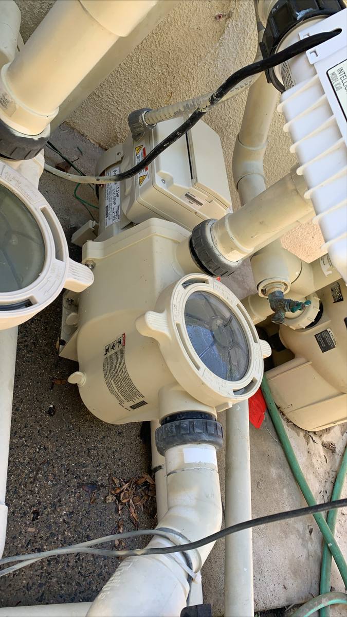 Pool pump, valves and plumbing up close