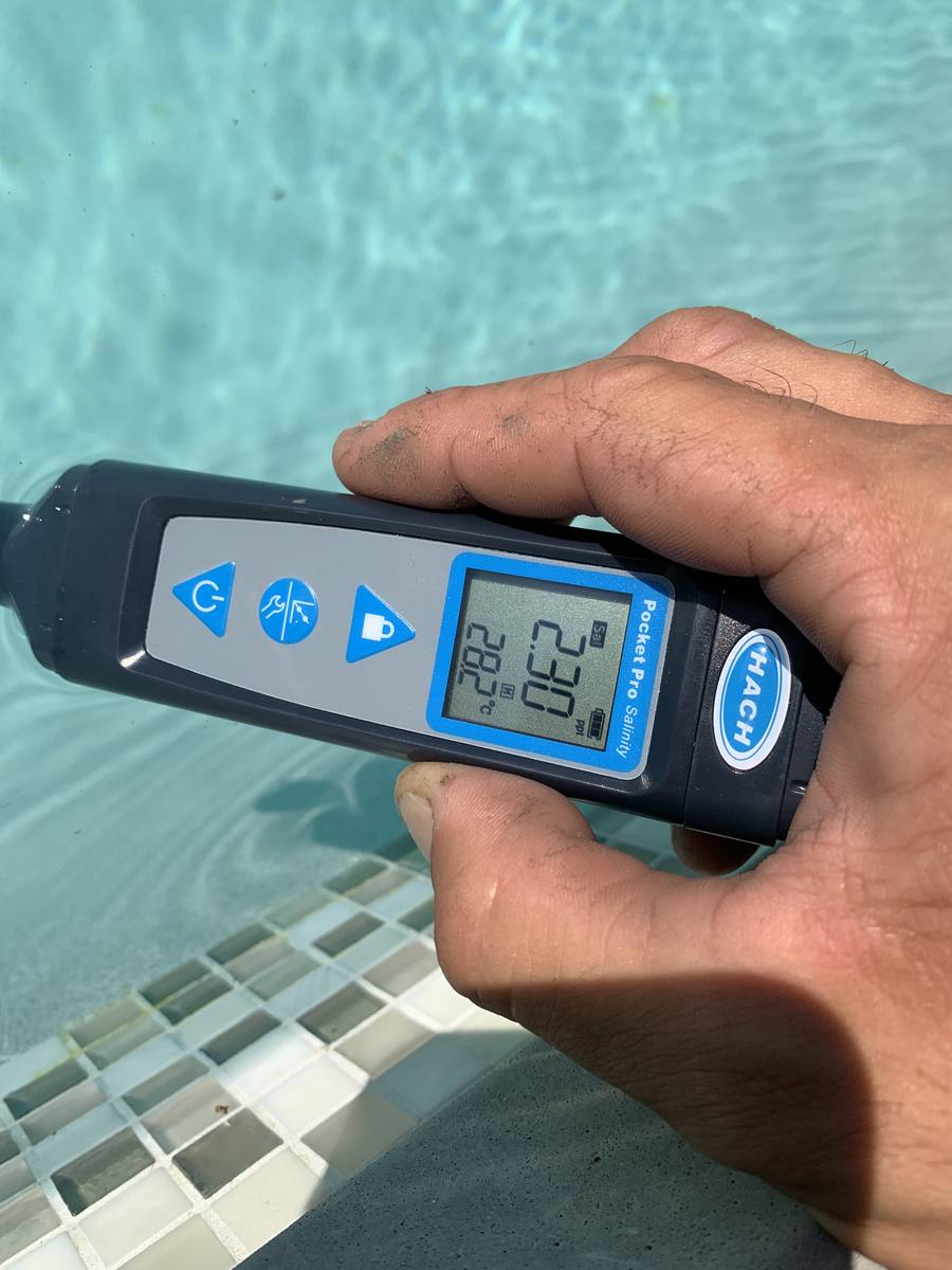 Hand-held water tester reading pool chemistry